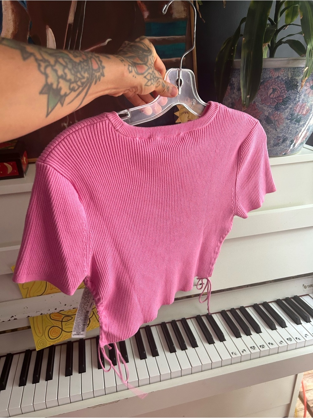 ZARA Hot Pink Ribbed Drawstring Crop Top Short Sleeve Y2K Women’s Small Tee - Picture 13 of 16